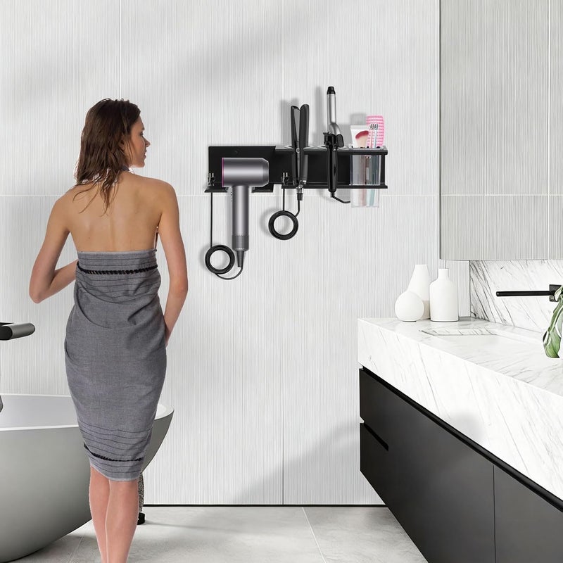 Yimerlen Hair Tool Organizer, 3-in-1 Universal Hair Dryer Holder Wall Mounted, Metal Hot Tools Organizer for Blow Dryer, Straightener and Curling Iron, Stylers Storage Rack for Bathroom (with Comb and Hook) - Image 2